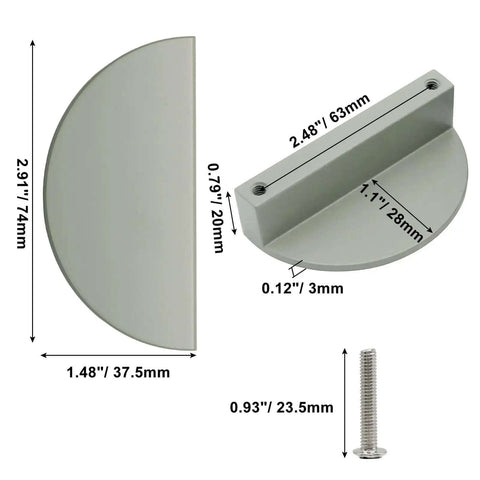 Dimensions of 4 Pack Half Moon Cabinet Pulls With 2.5 Inch Center To Center, semicircle drawer handles, green finish, screw included.