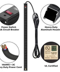 Heavy Duty 24 Outlet Power Strip With 15 Foot Long Cord, Metal Housing, 15A Circuit Breaker, UL 1363 Listed, close-up details