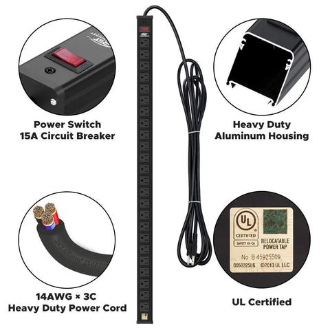 Heavy Duty 24 Outlet Power Strip With 15 Foot Long Cord, Metal Housing, 15A Circuit Breaker, UL 1363 Listed, close-up details