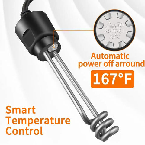 Heavy Duty Immersion Tank Water Heater Built Like A Tank With Rugged 304 Stainless Steel and Fully Waterproof Seal for Smooth Submersible Heating and Dependable Hot Water Supply, showing smart temperature control detail.