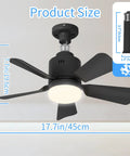 2-In-1 Socket Fan Light With Remote And App, 17.7 Inch Ceiling Fan With Socket Extender and 3 Color LED Bulbs, size shown