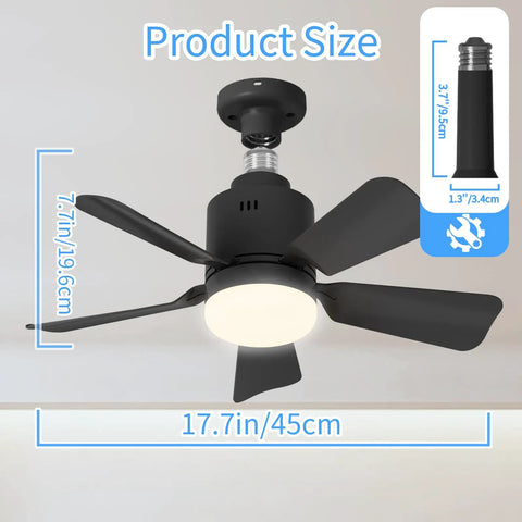 2-In-1 Socket Fan Light With Remote And App, 17.7 Inch Ceiling Fan With Socket Extender and 3 Color LED Bulbs, size shown