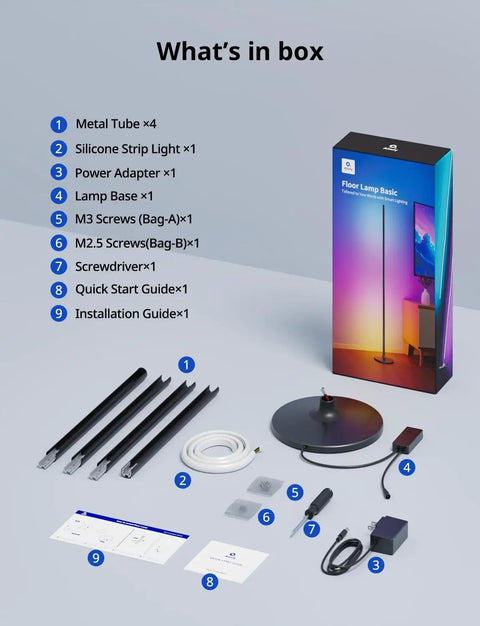 What's in the box of Smart Corner Floor Lamp With Alexa And App Control, showing lamp parts and guides.