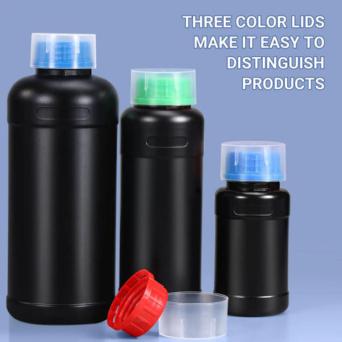 3 Pack 1000ml HDPE Darkroom Chemical Storage Bottles with colored lids, black plastic containers for lab use.