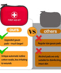 Red compact first aid kit pouch with white cross and FIRST AID KIT label, front view.