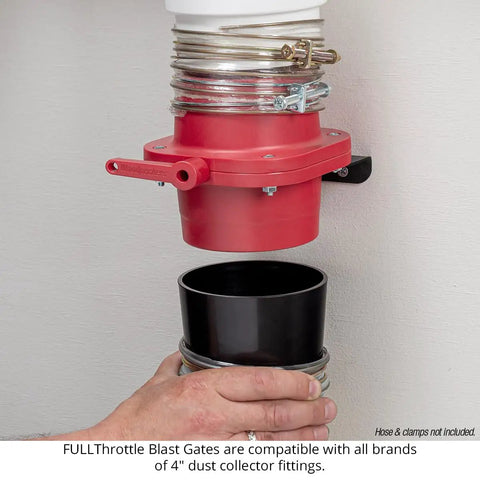 Fullthrottle Blast Gate 4 Inch Dust Collection Valve Upgrade with red body and adjustable butterfly handle, ideal for workshop dust control.