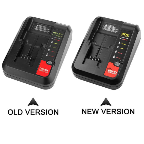 Comparison of old and new 20V Battery Charger For Black Decker And Porter Cable Lithium Ion Batteries, showing design differences.