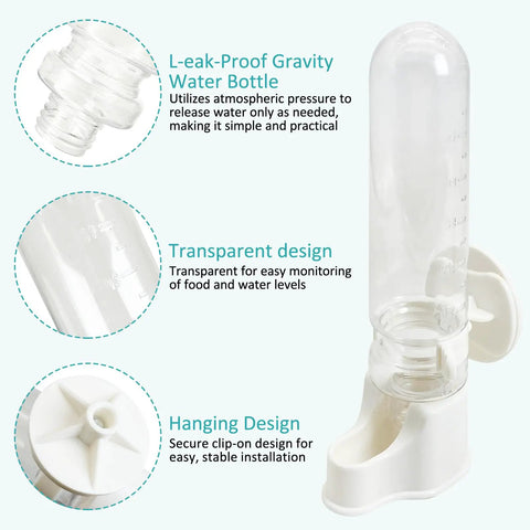 No Sweat Automatic Bird Feeder And Water Dispenser For Cages Spill Proof Transparent Container with hanging design and measurement marks.