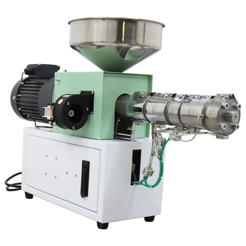 Heavy Duty Desktop Single Screw Plastic Extruder For Custom 3D Filament PEEK ABS PLA PETG TPU Material, side view with motor and hopper.