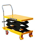 Super Smooth Operation Mobile Scissor Lift Table Featuring Foot Controlled Hydraulic Pump with sturdy frame and wheels for workshop use.