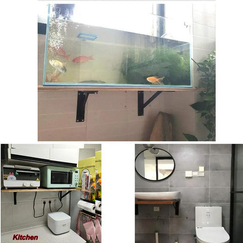 Heavy Duty Wall Mounted Shelf Brackets With Bullet Proof Triangular Steel Frame For Countertops And Floating Shelves Rust Resistant Matte Black Finish Hella Sturdy 800 Pound Load Rating Pair supporting an aquarium and various kitchen appliances.