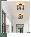 Black Flush Mount Ceiling Light Two Light Crystal Chandelier With Caged Drum Design illuminating hallway