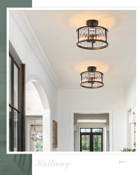 Black Flush Mount Ceiling Light Two Light Crystal Chandelier With Caged Drum Design illuminating hallway