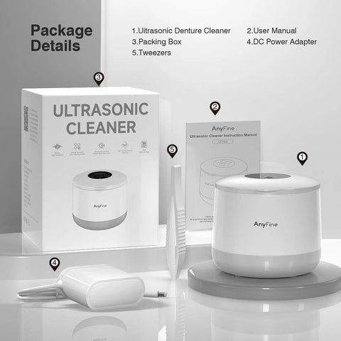 Ultrasonic Cleaner For Dentures Braces Mouth Guards And Jewelry With 45kHz Triple Phase Purification Four Modes To Slam Coffee Stains And Grime Sonic UV Boost For Fresh Clean Appliances package with box, manual, adapter, tweezers