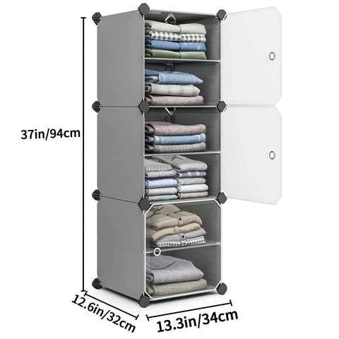3 Cube Storage Organizer With Doors, Stackable Cubby Shelf for Bedroom And Living Room, showing dimensions and open doors with folded clothes