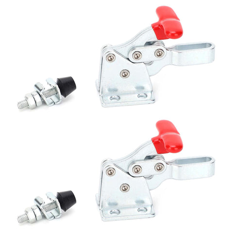 Quick Release Table Clamps Set, Heavy Duty Hold Down Toggle Clamps Pro Grade For Woodworking Jigs And Fixtures, Horizontal Clamp For Welding And Drill Press, 2 Piece Set For Precise, Secure Positioning showing metal clamps with red handles and bolts