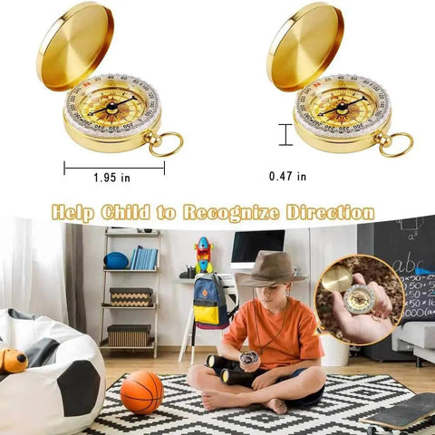 Boy using Kid Friendly Pirate Telescope And Compass Kit, 4 Piece Plastic Collapsible Spyglass Set With Bronze And Gold Accents