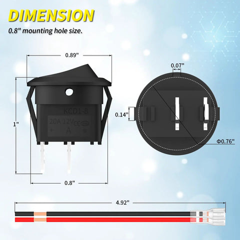 Dimensions of 10 Pack Round Rocker Switch 12V On Off DC 2 Pin SPST Toggle Switch 20mm Small Panel Switch shown in detail