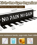 Heavy Duty Wall Mounted Gym Rack With Eight Hooks For Home Workout Gear Storage with 'No Pain No Gain' text, dimensions shown.