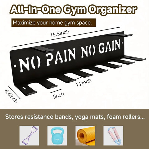 Heavy Duty Wall Mounted Gym Rack With Eight Hooks For Home Workout Gear Storage with 'No Pain No Gain' text, dimensions shown.