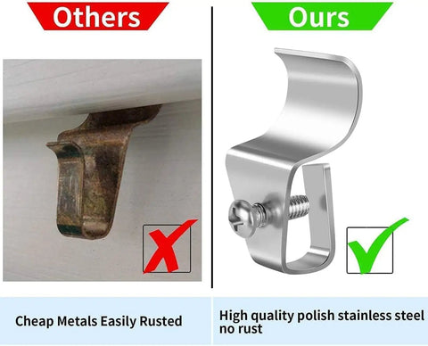 Heavy Duty Vinyl Siding Hooks And Clamps 10 Pack No Hassle Camera Mount for Blink Arlo Ring showing rusty clip vs stainless steel clip.