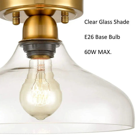 Modern Glass Semi Flush Mount Ceiling Light In Brass Finish With Handblown Glass Shade, E26 Base, 60W Max Bulb, Side View