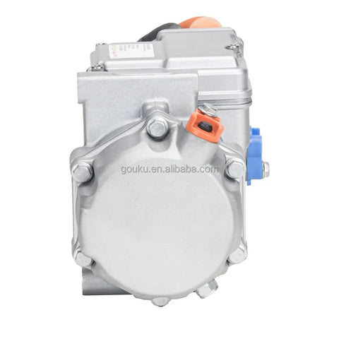 Reliable 18CC Electric Auto AC Compressor For Refrigerated Trucks And EV Haulers front view with orange and blue fittings.