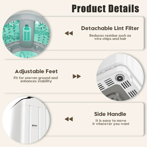 Close-up of the No Sweat 28 Lb Fully Automatic Portable Washing Machine's detachable lint filter and adjustable feet.