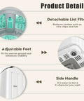 Product details for Straight Up Solid Portable Washer And Dryer Combo showing lint filter, adjustable feet, and side handle.