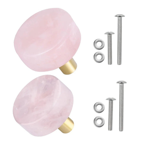 4 Piece Circle Crystal Stone Drawer Knob Set In Rose Quartz Polished Cabinet Handles with screws; sleek sparkle pulls