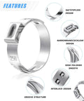 170 Pcs 304 Stainless Steel Single Ear Hose Clamp Set With Ear Clamp Pincer 11 Sizes From Six To Twenty Five Point Six Millimeter Constant Crimp Stepless Cinch Rings Crimp Assortment Kit For Water Pipes Ideal For Automotive Plumbing DIY Projects And features close-up of clamp design details.