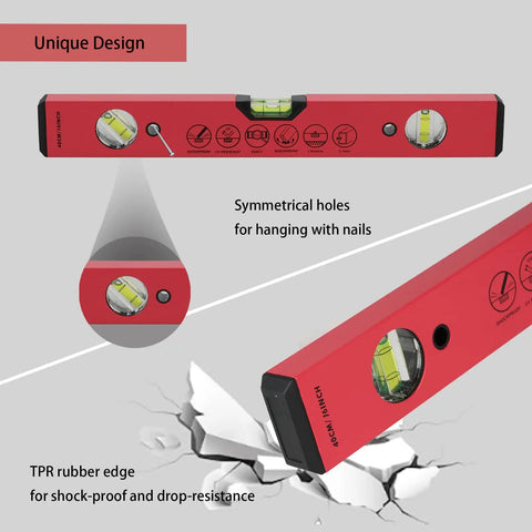 Heavy Duty 16 Inch Magnetic Torpedo Spirit Level With Three Precision Vials For 45 90 And 180 Degree Layouts, red design with rubber edges.