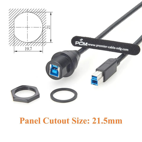 IP67 Waterproof USB 3.0 Type B Bulkhead Panel Mount Cable USB B Male To Female Extension Cable 5Gbps Built For Printers, PLCs, HMIs, CNCs, Industrial Cams And Machine Vision 0.3m panel cutout 21.5mm with gasket and nut