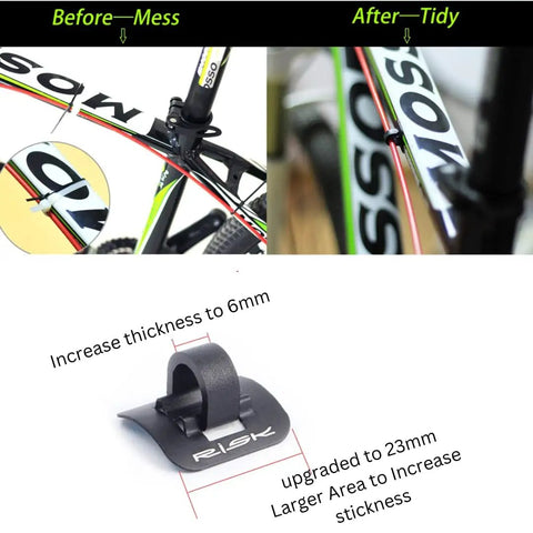 Before and after image showing bike cable management using C Clip Cable Guides For MTB BMX And Road Bikes With Adhesive Seat Mount.