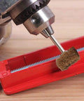 80Pcs 1In Rotary Tool Buffing And Polishing Wheel Set with 25mm abrasive wheel on tool near red wood clamp