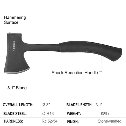 Durable Camping Hatchet Full Tang Axe 13.3" length, 3.1" blade, shock reduction handle, portable survival gear for outdoors