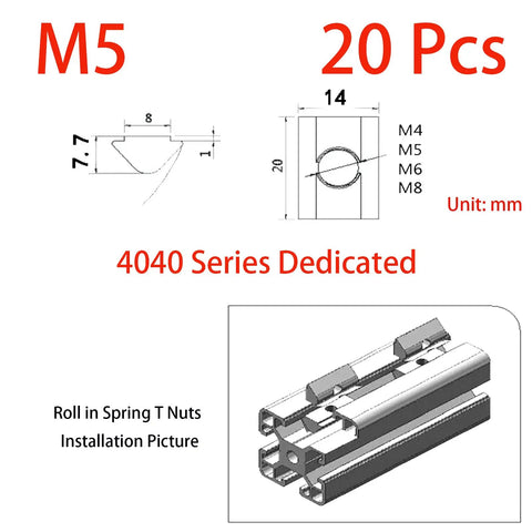 High Strength M5 Roll In Spring T Nuts With Spring Sheet For 4040 Aluminum Profile Slot, Nickel Plated Carbon Steel Heavy Duty Hardware Fasteners Pack of 20 Pcs Diagram