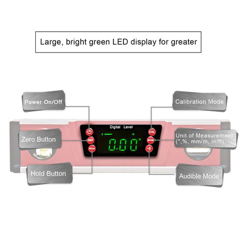 10-Inch Digital Torpedo Level With Protractor, Magnetic Base With Neodymium Magnets, Bright LED Readout, button features shown
