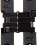 Front view of Discreet Zinc Invisible Hinge For Wood Or Metal Cabinets Mortise Mount Three Quarters Inch To One Inch Thick Opens One Hundred Eighty Degrees Fully Concealed When Closed Sleek Black E Coat Exterior Finish Pack Of Two SOSS 204CUS19 Zinc Hinges With Holes.