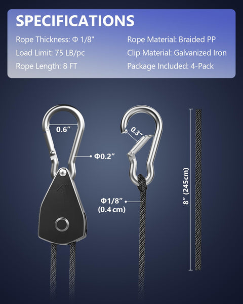 Beefy Heavy Duty Retractable Ratchet Tie Down Straps 4 Pack 8 Ft Each 75 Lb Capacity Per Strap With Carabiner Hooks