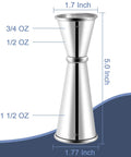 Double Head Cocktail Jigger For Bartending With Inside Measurements Japanese Grade 304 Stainless Steel Barware 1 Oz And 2 Oz Thickened Design Rolled Lip Pro Grade Top Notch Welded Build Durable And Precise Easy To Use, measurement details visible
