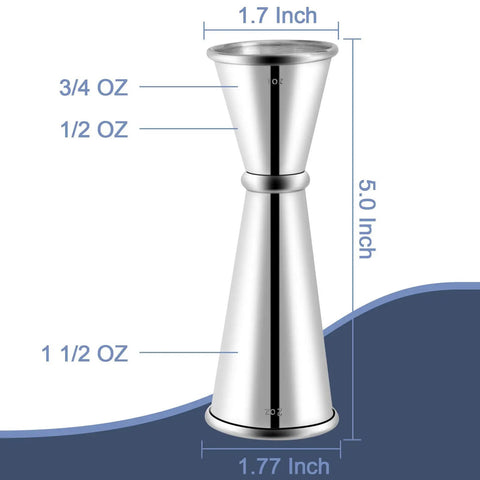 Double Head Cocktail Jigger For Bartending With Inside Measurements Japanese Grade 304 Stainless Steel Barware 1 Oz And 2 Oz Thickened Design Rolled Lip Pro Grade Top Notch Welded Build Durable And Precise Easy To Use, measurement details visible