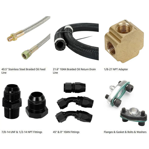 Turbo Oil Drain Line Kit For T3 T4 T04E T60 T61 T70 Turbos Stainless Steel Braided Oil Line with gaskets, screws, adapters