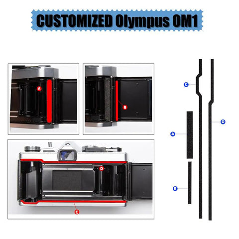 Precision Cut Self Adhesive Light Seal Foam Kit To Fix Light Leak Blues On Vintage Film Cameras, includes Olympus OM1 application guide.
