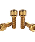 Top Shelf Titanium Bike Bolts M6 Hex Socket Screws Pack Of Four Gold Anodized High Strength Corrosion Resistant Cycle Hardware For mountain and road rides, featuring shiny gold finishing.