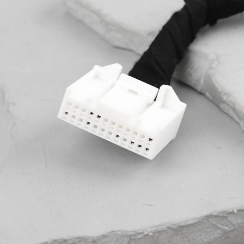 Close-up of Straight Swap Charging Port Module Wiring Harness For Tesla Model 3 And Model Y 2017 Through 2023 plug with white connector.