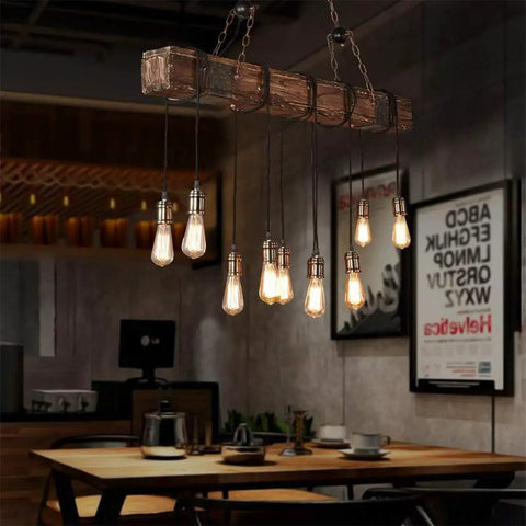 10 Light Rustic Wood Chandelier Pendant Light with Adjustable Suspension Chain in dining area setting.