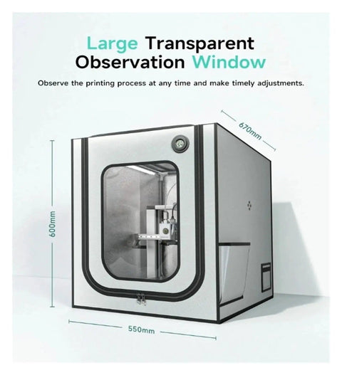 Durable 3D Printer Enclosure for A1 With Built In LED Light 55 x 60 x 67 cm shows large transparent observation window on side.
