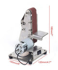 Hella Smooth Dual Bearing Mini Bench Belt Sander Including Ten Premium Sanding Belts For Polishing Grinding And Workshop Professional Tool Sharpening At Variable Speeds with metal base and adjustable support.