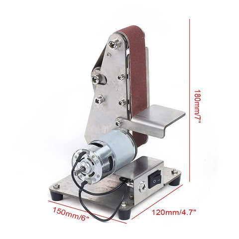 Hella Smooth Dual Bearing Mini Bench Belt Sander Including Ten Premium Sanding Belts For Polishing Grinding And Workshop Professional Tool Sharpening At Variable Speeds with metal base and adjustable support.